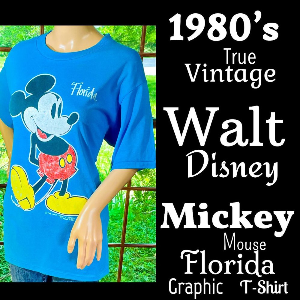 ▪️VTG▪️WALT DISNEY▪️1980's Turquoise Blue Mickey Mouse Florida Graphic T-Shirt - Picture 1 of 10